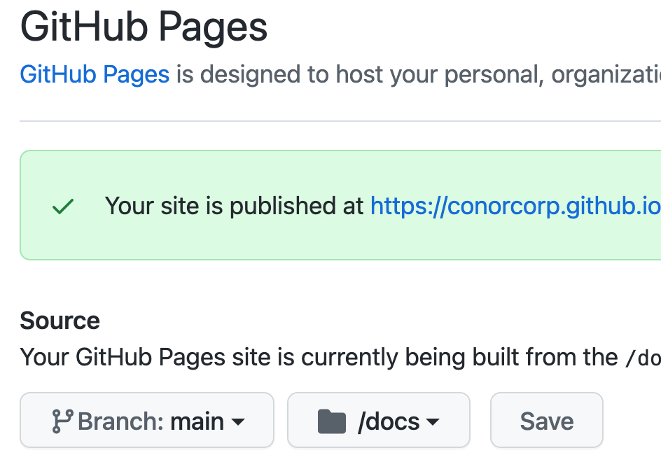 Example of published Github Pages and docs config.