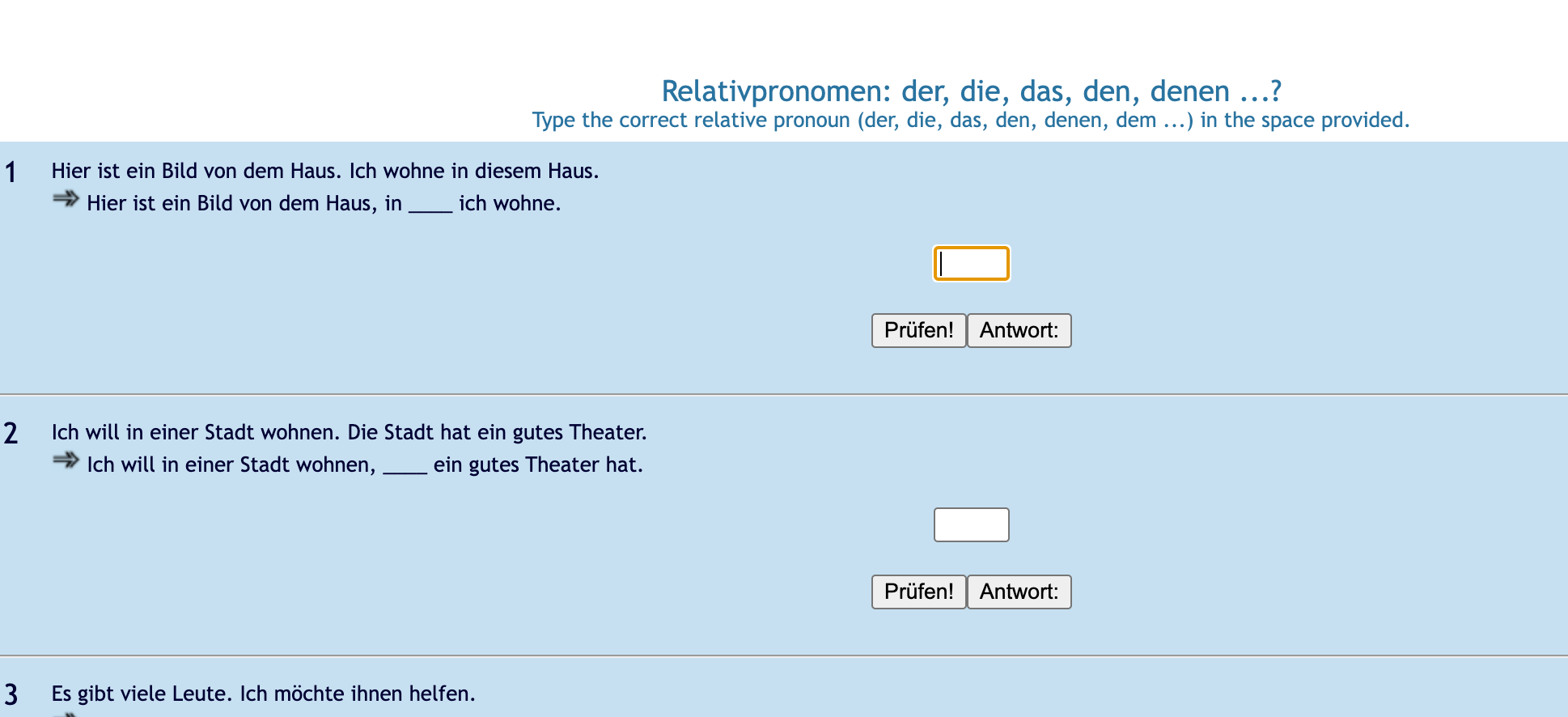 Finding exercises for relative sentences. Get used to this.